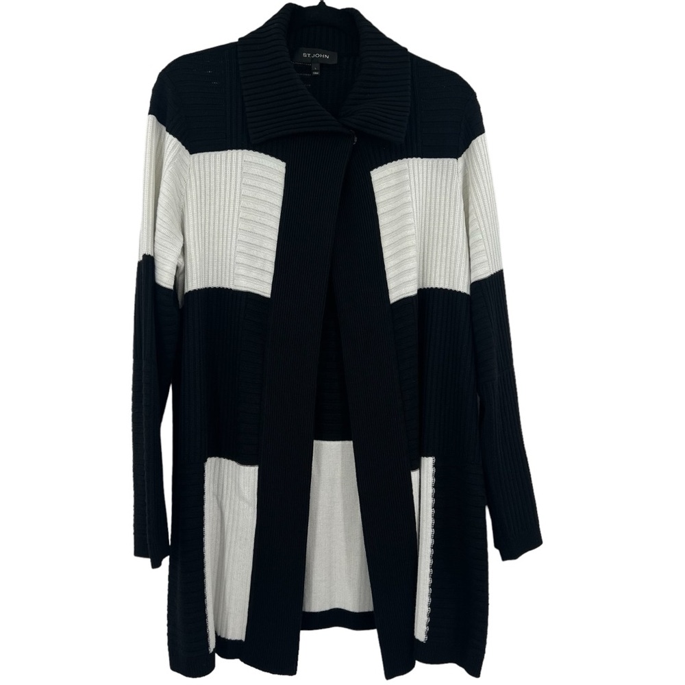 St. John Black And White Color Block Long Sleeve Cardigan Sweater Size Large‎